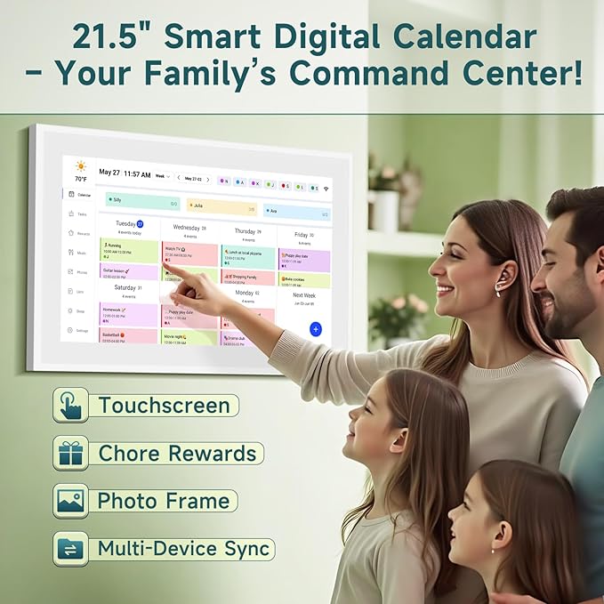 21.5 Inch Smart Digital Calendar – Electronic Chore Chart & Planner with 1920x1080P IPS Touchscreen, Weekly/Monthly Family Organizer for Wall or Desk, White 2025 New Version-CubbioJoy