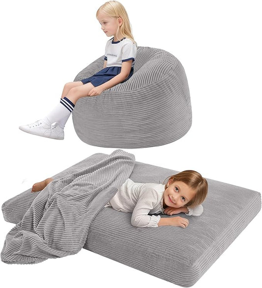 COMAX Kids Bean Bag Chair Turn into Beanbag Bed, Toddler Bean Chair Corduroy for Girl Boy Sleeping, Lazy Children Bean Bags with Filler, Convertible Child Floor Mattress, Light Grey-CubbioJoy