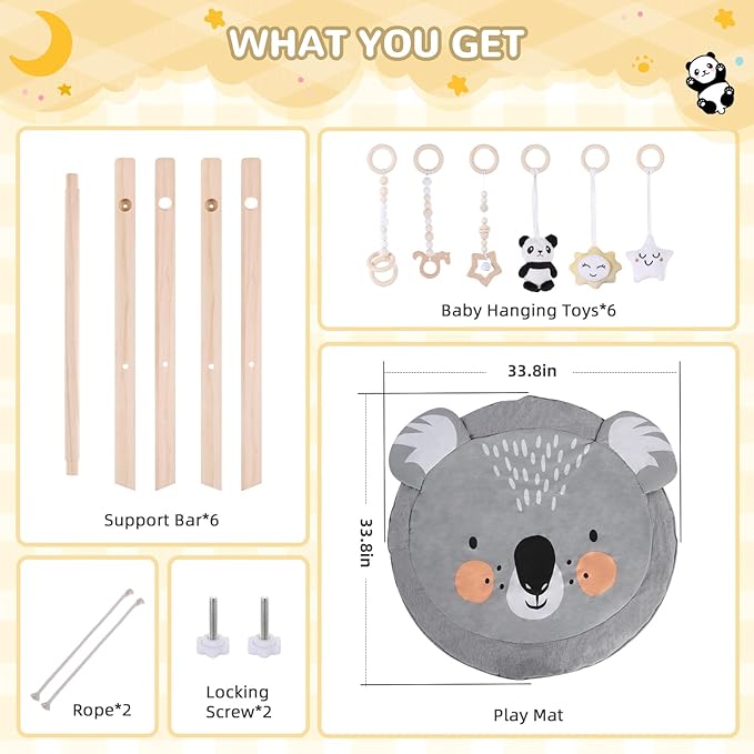 Baby Play Gym with Mat – Wooden Montessori Gym for Newborns 0-12M,Natural Pine Wood with 6 Sensory Toys,Foldable & Portable (Koala)-CubbioJoy