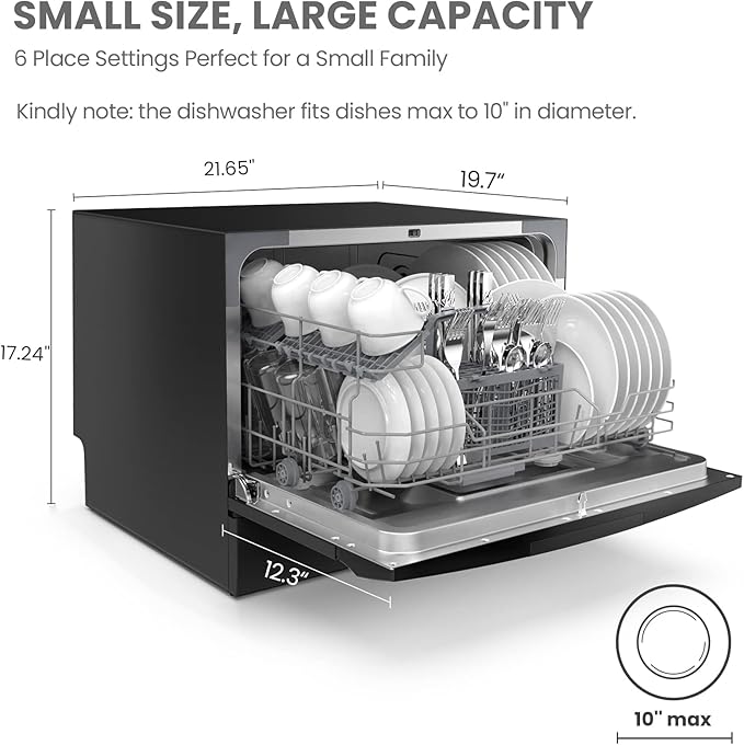 COMFEE’ Countertop Dishwasher, Energy Star Portable Dishwasher, 6 Place Settings & 8 Washing Programs, Speed, Baby-Care, ECO& Glass, Dish Washer for Dorm, RV& Apartment, Black-CubbioJoy