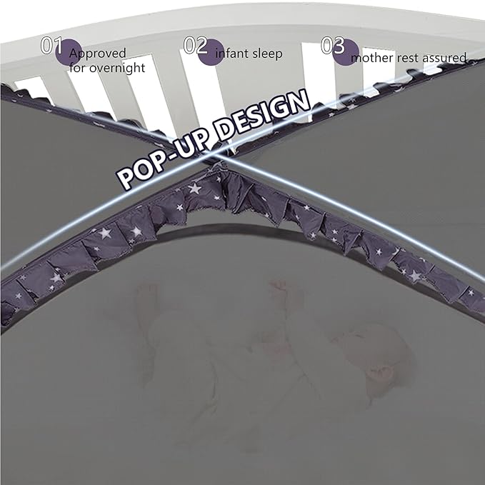 Baby Safety Crib Tent Infant Pop up Mosquito Net Nursery Bed Canopy Netting Cover - Keep Baby from Climbing Out with Hanging Diaper Storage Bag (Dark Gray)-CubbioJoy