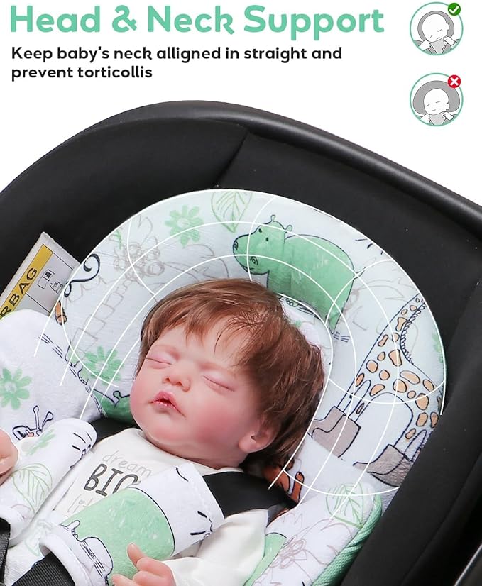 Infant Car Seat Insert, Enlarged Head Support for Baby Carseat, Reversible Newborn Insert with 3 Strap Covers, 2-in-1 Baby Car Seat Cushion for Stroller, Swing, Bouncer, Rocker - Blue Giraffe-CubbioJoy