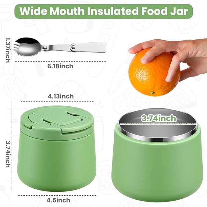 14oz Insulated Vacuum Food Jar with Buckle Lid,Soup Thermo for Hot Food Kids,Wide Mouth Leakproof Stainless Steel Lunch Container with Spoon-Green-CubbioJoy