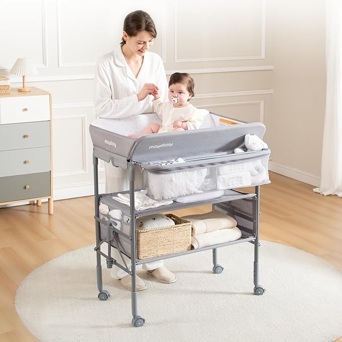 Baby Changing Table with Wheels, Maydolly Portable Foldable Changing Table, Waterproof Diaper Changing Station, Adjustable Height Changing Station, Mobile Nursery for Newborn and Infant (Grey)-CubbioJoy