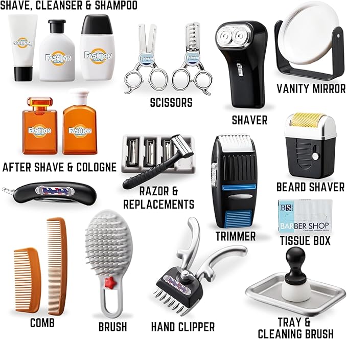 24 Pcs Barber Shop Pretend Play Toy - My First Shaving and Grooming Haircut Kit Toddler Role Play Set with Styling Accessories & Storage Box for Kids, Boys-CubbioJoy
