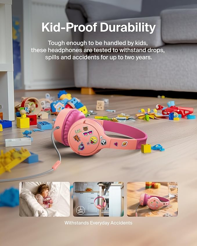 Belkin SoundForm Mini Kids Wired Headphones w/USB C to 3.5mm Dongle, Built-in Mic & Fun Stickers, 85dB Max Volume – for Online Learning, Travel, Compatible w/iPhone 16, iPad, Galaxy S25, etc - Pink-CubbioJoy