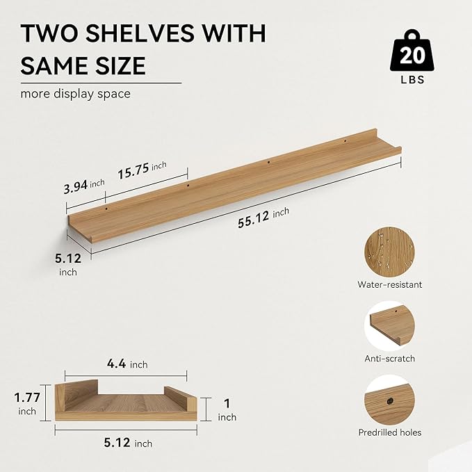 55.1 Inches Long Floating Shelves, 2 Set Rustic Wall Shelf for Bedroom, Nursery Book Shelf with Lip, Picture Ledge Shelf for Living Room, Bathroom, Kitchen - Oak-CubbioJoy