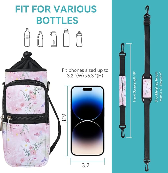 25/32/40/64oz Water Bottle Bag Holder Carrier-Insulated Crossbody Sling Case Sleeve with Strap & Pockets for Men Women Gym Cycling Travel Walking Hiking Camping-CubbioJoy