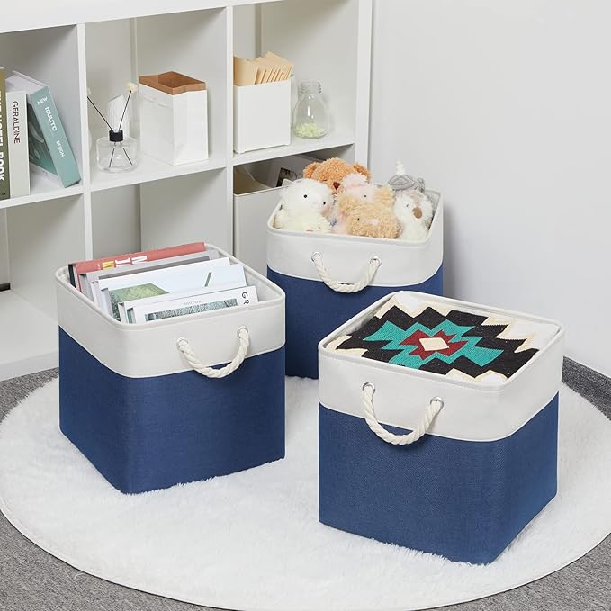 Bidtakay Storage Baskets Large Cube Storage Bins Fabric Baskets for Organizing Shelves 13x13 Navy Blue Square Storage Bins Large Set of 3 Linen Closet Organizers for Cabinet Home-CubbioJoy