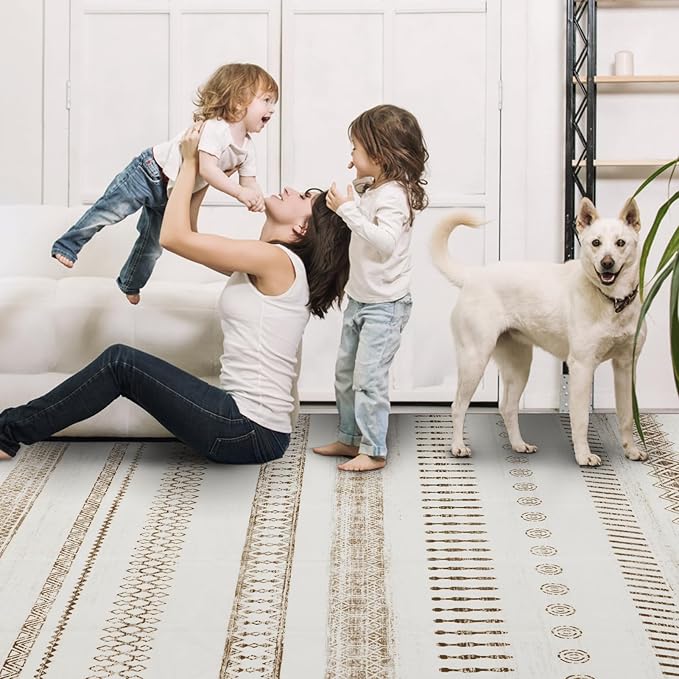 9x12 Area Rug Living Room Rugs, Boho Stain Resistant Washable Rug, Vintage Large Non-Slip Backing, Low Pile Lightweight Print Rug for Bedroom Dinning Room Home Office (Beige)-CubbioJoy