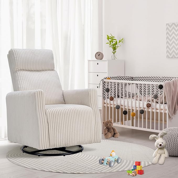 CANMOV Swivel Rocker Chair for Nursery, Swivel Accent Chair with High Back and Arms, Corduroy Glider Chair for Living Room Bedroom Nursery, Beige-CubbioJoy