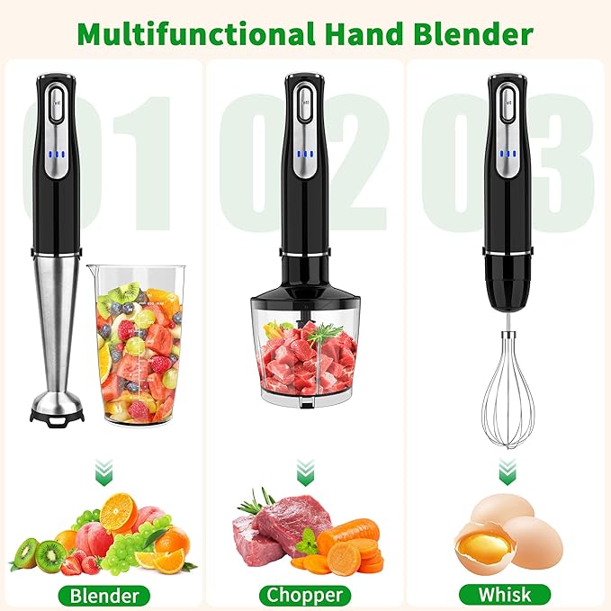 Cordless Immersion Blender Handheld, Rechargeable 4 In 1 Electric Hand Blender Stick Blender Variable Speed with Chopper, Beaker, Whisk, Stainless Steel Blade for Soup, Baby Food, Smoothies-CubbioJoy