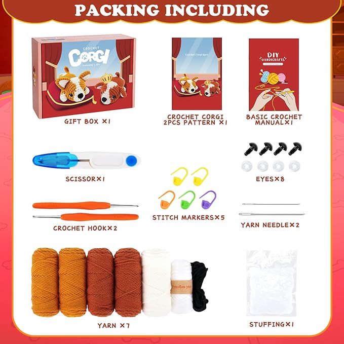 Crochet Kit for Beginners, 2 Adorable Corgi Dog Crochet Animals Kits, Easy Beginner Crochet Kit for Adults & Kids, Women & Men, DIY Craft Knitting Kit with All Supplies-CubbioJoy
