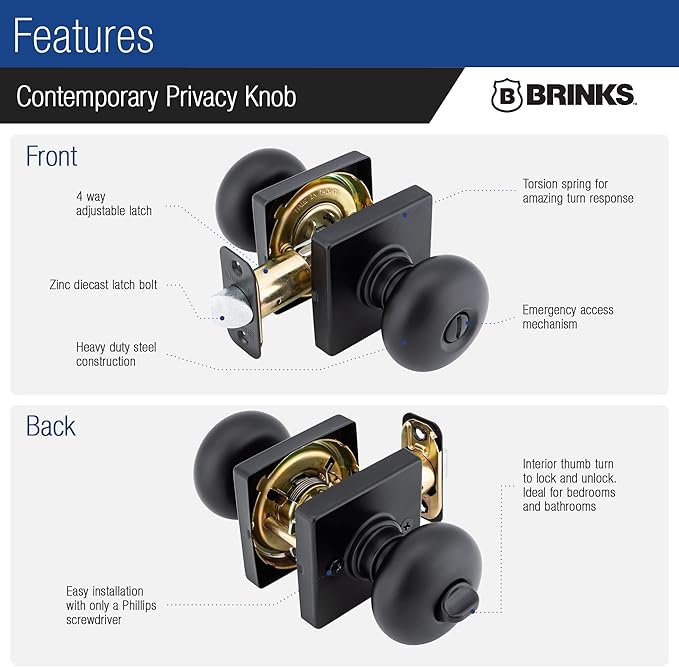 BRINKS – Contemporary Privacy Locking Interior Ball Door Knob, Matte Black - Designed for Sleek and Modern Homes and Blends Seamlessly with Interior Décor (E2436-122) (8 Pack)-CubbioJoy