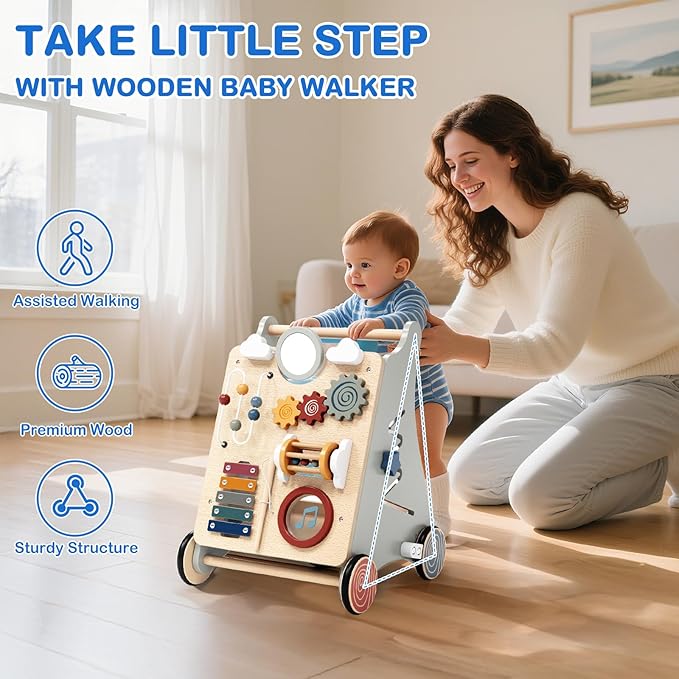 Baby Push Walker with Detachable Busy Board, Wooden Baby Walker with Adjustable Speed Wheels, Montessori Push Walker for Babies, Push Walking Toys for Boys & Girls 1 Year Old, Gifts for Toddler-CubbioJoy