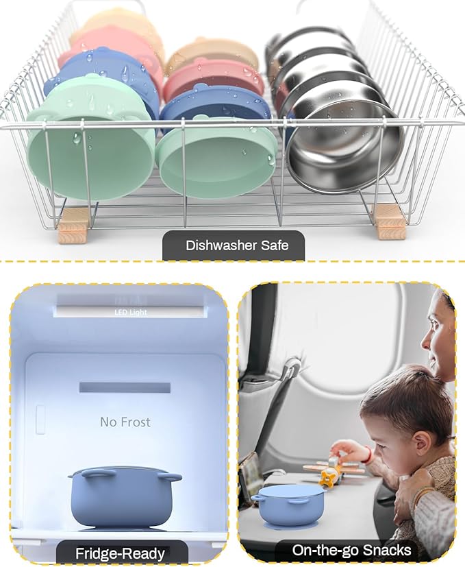 Baby Suction Bowls with Lids 4-Pack, 2-in-1 Stainless Steel 304 Toddler Bowl & Removable Silicone Suction Kids Bowl Plate Set Non Toxic Snack Dishes for Self-Feeding, Organic Bloom-CubbioJoy