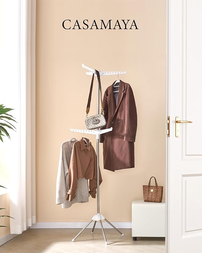 Clothes Drying Rack Foldable, 74.8 inch 2 Tier Laundry Drying Rack with Rotating Clothes Rail for 54 Pieces of Clothes, Space Saving, Indoor, Stainless Steel, White and Silver CDR002W01-CubbioJoy