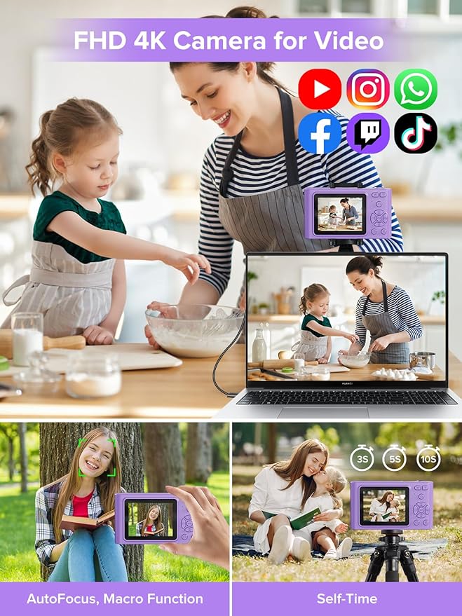 Digital Camera, Kids Camera1080P, Vlog Camera with 64GB Card, 16X Zoom Anti Shake, Card Reader, 44MP Compact Portable Small Point Shoot Digicam Gift for Kid Student Children Teen Girl Boy(Pruple)-CubbioJoy