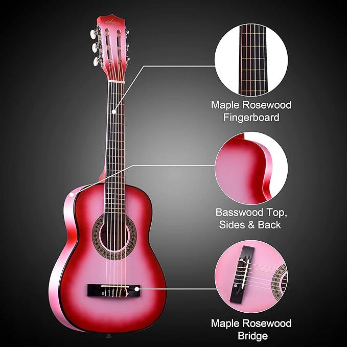 ADM Beginner Acoustic Classical Guitar 30 Inch Nylon Strings Wooden Guitar Bundle Kit for Kid Boy Girl Student Youth Guitarra Online Lessons with Gig Bag, Strap, Tuner, Extra Strings, Picks,Pink 1-CubbioJoy
