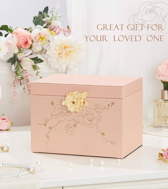 Jewelry Box with Lock for Girls: Jewelry Organizer for Dresser - 3-Drawer Earrings Storage Girls Women Gift (Peach Pink)-CubbioJoy