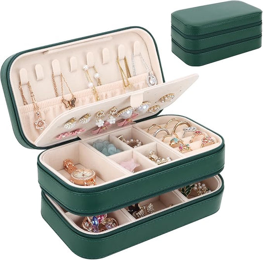 DesignSter Small Travel Jewelry Box with Double Zipper, 2 Layers PU Portable Jewelry Case for Women and Girls,Travel Jewelry Organizer for Rings, Earrings, Necklaces, Bracelets,Dark green-CubbioJoy