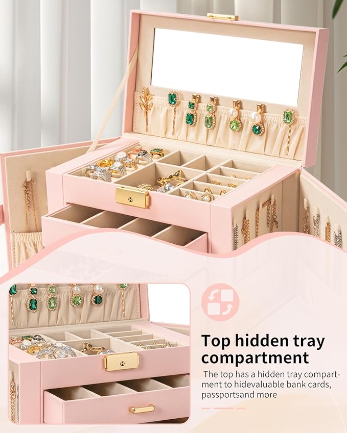 AKOZLIN Large 4-Tier Jewelry Box Leather Jewelry Storage Organizer with 3 Drawers Lockable for Women Girls Ring Necklace Earring Bracelet Watches Holder with Mirror Pink-CubbioJoy
