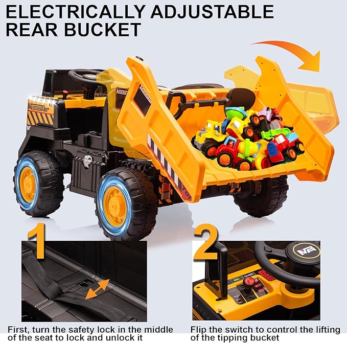 24V Ride On Dump Truck, 24inch-2 Seater Ride On Car for Kids w/Remote Control 4WD/2WD Up to 5 Mph, 24v Ride on Toys for Big Kids w/Electric Dump Bed Extra Shovel Traffic Cones (Yellow)-CubbioJoy