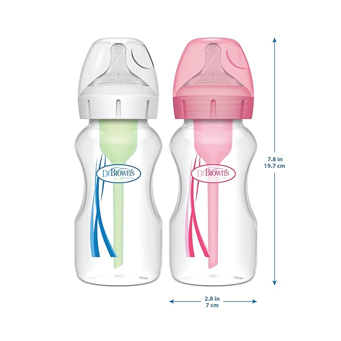 Dr. Brown's Natural Flow Anti-Colic Options+ Wide-Neck Baby Bottles 9 oz/270 mL,with Level 1 Slow Flow Nipple,4 Count,0m+-CubbioJoy