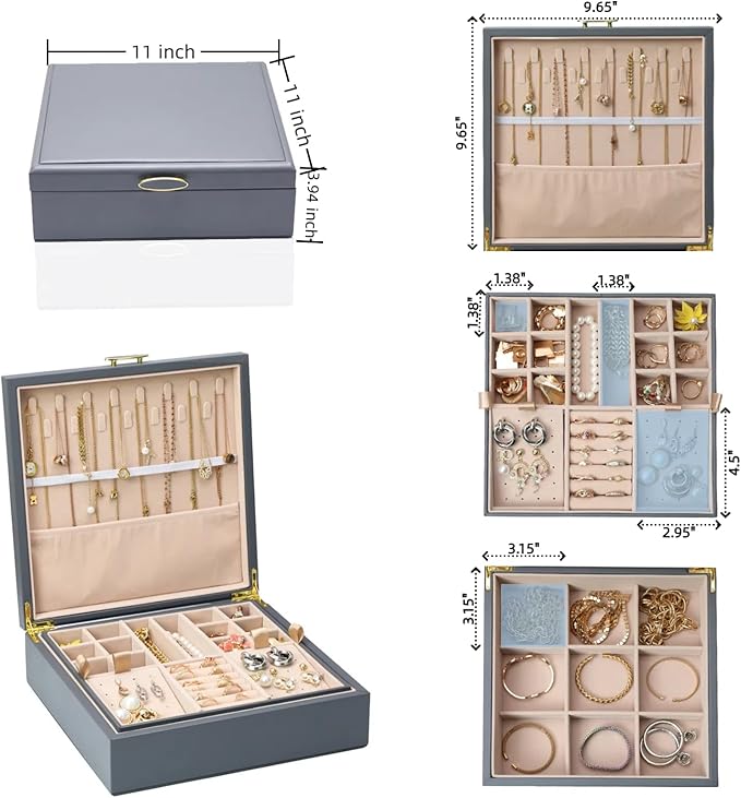 2-layer jewelry box，Jewelry Organizer with Handle，with hanging necklace hooks, detachable jewelry trays, suitable for storing a large amount of jewelry gift box (Large-Grey)-CubbioJoy