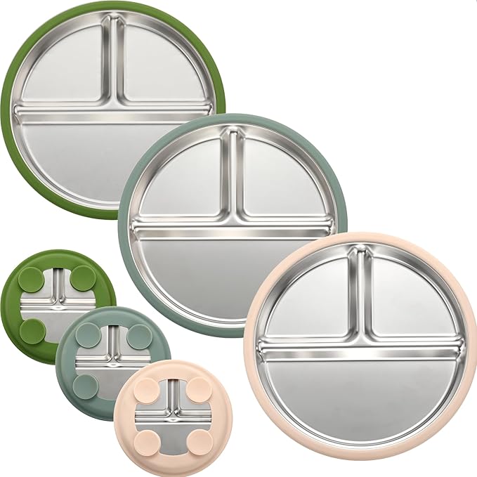3Pack Sainless Steel Kids Plates with Suction, 8.1” Divided Toddler Baby Plates with Removable Silicone Sleeves BPA Free Non-Slip 2-in-1 Anti Breakage Metal Toddler Bowls-CubbioJoy