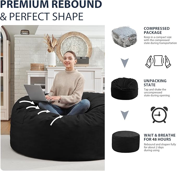 3FT Bean Bag Chair, Comfy Bean Bag Chairs with Memory Foam Filled, Fluffy Beanbag Sofa with Dutch Velvet Cover, Round BeanBag Chairs for Living Room, Playroom - Black-CubbioJoy