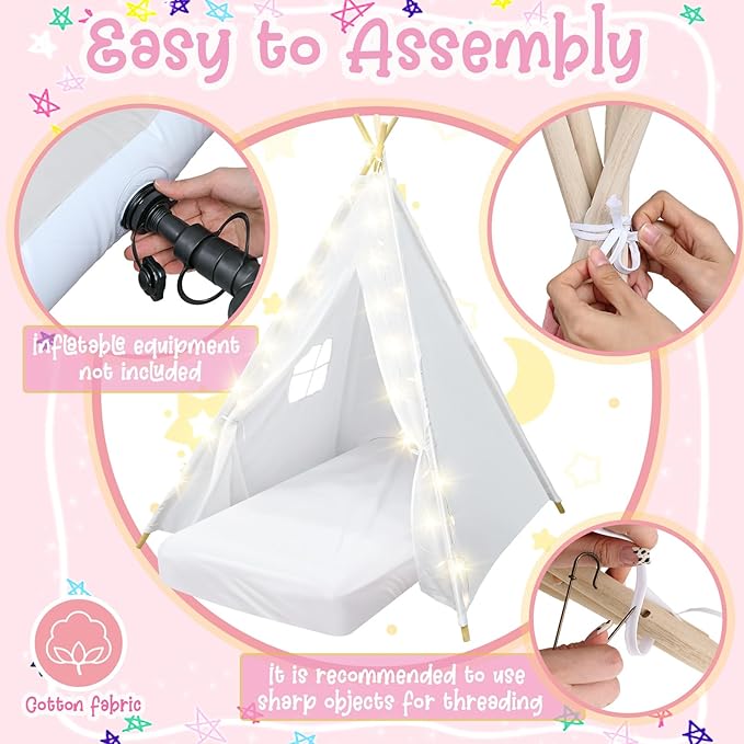 2 Pack Kids Teepee Tent with Mattress,Fitted Sheet,Light String,Washable Natural Cotton Toddler Play Tent for Girls Boys Indoor Outdoor Sleepover Slumber Birthday Party(White)-CubbioJoy