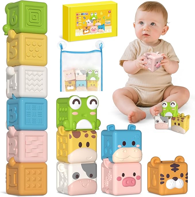 Animal Soft Gel Stacking Block Set Soft Silicone Baby Blocks Toys for 18 Months to 3 Years Old Early Learning Touch Bath Educational Toys with Numbers Animals Fruits Texture-CubbioJoy