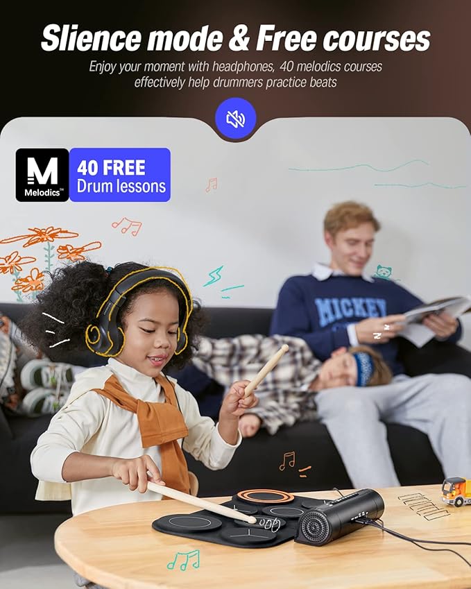 Donner Electronic Drum Set, 7 Pads Electric Drum Pad Roll Up Quiet Drum Pad Built-in Speaker, 40 Drum Lessons Included, Kids Holiday Christmas & Birthday Gift Instrument Toys(DED-20)-CubbioJoy