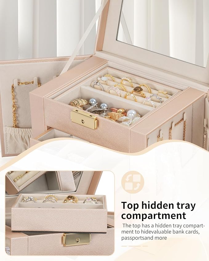 AKOZLIN 4-Tier Jewelry Box Leather Jewelry Storage Organizer with 3 Drawers Lockable for Women Girls Ring Necklace Earring Bracelet Holder with Mirror Champagne-CubbioJoy
