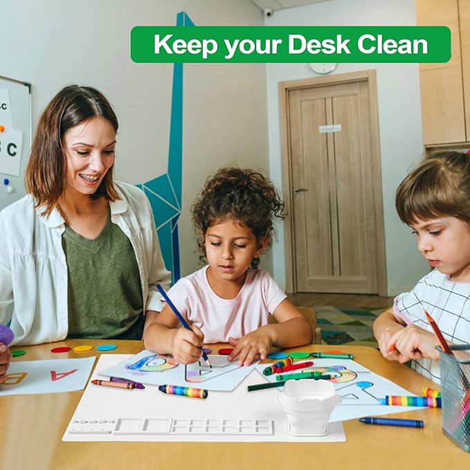 AWOKE Silicone Painting Mat - 20"X16" Silicone Art Mat with 1 Water Cup for Kids - Craft Mat has12 Color Dividers - 2 Paint Dividers (White),Toddler Activities,3 4 5 Year Old Girl Boy Birthday Gifts-CubbioJoy