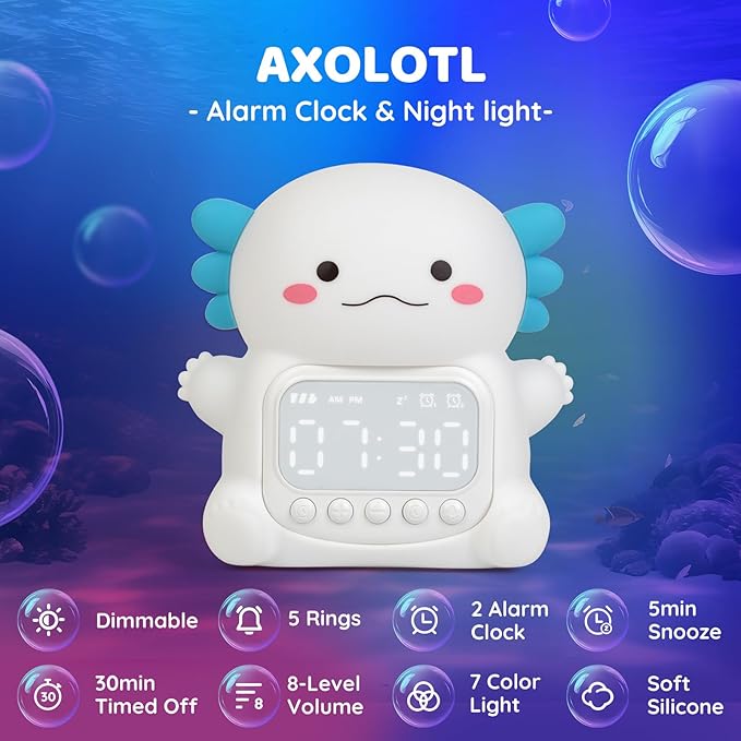 Axolotl Alarm Clock with Night Light for Kids, Rechargeable Silicone Lamp Time to Wake Clock Cute Animal Tabletop Lamp, Perfect Sleep Companion for Boys Girls, White-CubbioJoy