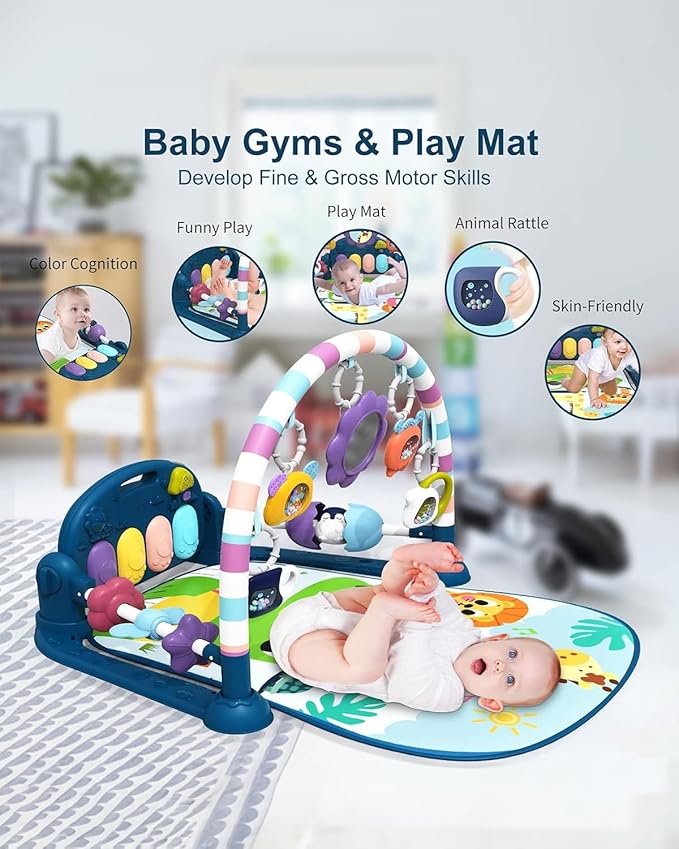 dearlomum Baby Play Mat Baby Gym,Funny Play Piano Tummy Time Baby Activity Mat with 5 Infant Sensory Baby Toys, Music and Lights Boy & Girl Gifts for Newborn Baby 0 to 3 6 9 12 Months（New Blue）-CubbioJoy