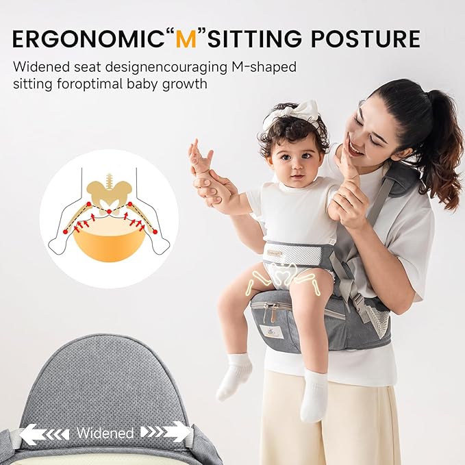Baby Carrier with Hip Seat Adjustable Strap Huge Storage 4-in-1Toddler Carrier Enhanced Lumbar Support Ergonomic Baby Hip Carrier for Newborns & Toddlers Gray-CubbioJoy