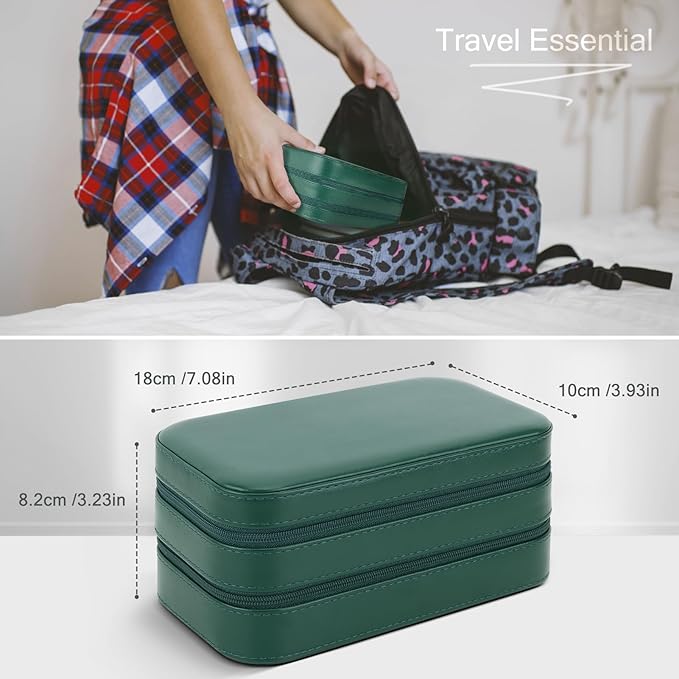 DesignSter Small Travel Jewelry Box with Double Zipper, 2 Layers PU Portable Jewelry Case for Women and Girls,Travel Jewelry Organizer for Rings, Earrings, Necklaces, Bracelets,Dark green-CubbioJoy
