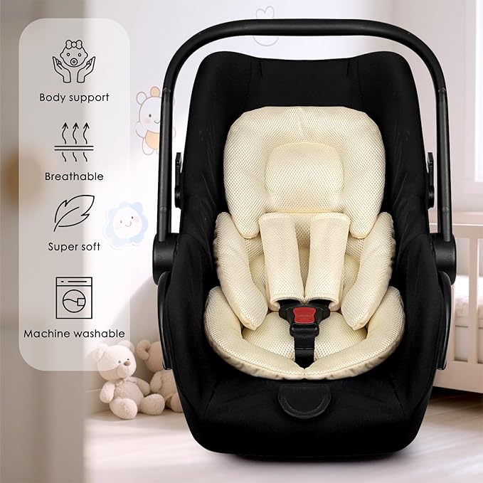 Infant Car Seat Insert for Newborn Girls Boys, Summer Mesh Baby Carseat Head Support with Strap Pads, Soft Reversible Baby Car Seat Insert Cushion Pad for Car Seat, Stroller, Bouncer, Swing, Beige-CubbioJoy