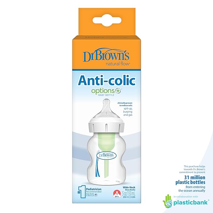 Dr. Brown's Natural Flow Anti-Colic Options+Wide-Neck Baby Bottle, 5 oz/150 mL, Level 1 Nipple, 1-Pack, 0m+-CubbioJoy