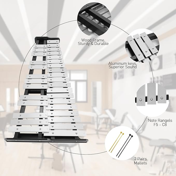 32 Note Glockenspiel Xylophone Percussion Kit with Height Adjustable Stand, Drumsticks and Carry Bag-CubbioJoy