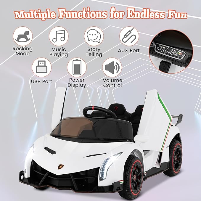 Costzon Ride on Car, Lamborghini Licensed 12V Battery Powered 4WD Sports Car with Remote Control, 3 Speeds, Hydraulic Doors, LED Lights, Towing Wheel, Horn, Music, Electric Vehicle for Kids Aged 3-8-CubbioJoy