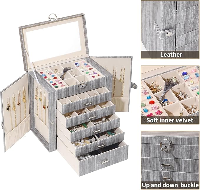 BOOVO Jewelry Box For women, 6 Layer Large Jewelry Organizer With Mirror, Accessory Holder With 5 Drawers, For Earrings Necklace Ring Bracelet (woodgrain grey)-CubbioJoy