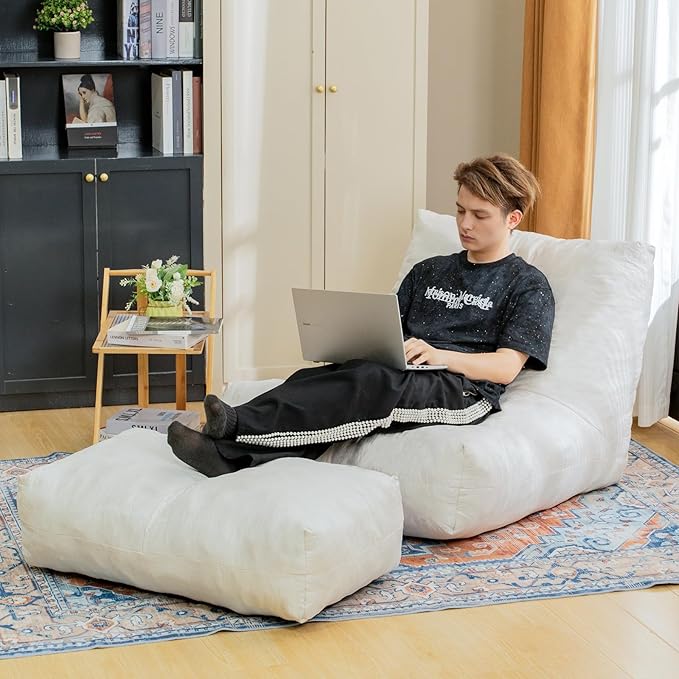 Bean Bag Chair with Ottoman, Comfy Bean Bag Sofa with Memory Foam, Lazy BeanBag Sofa with Footstool, Fireside Bean Bag Couch for Living Room, Bedroom, Apartment-CubbioJoy