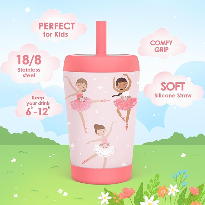 Kid Insulated Stainless Steel Tumbler with Silicone Straw, 12oz Sippy Cup for Kids (Pink Ballerina)-CubbioJoy