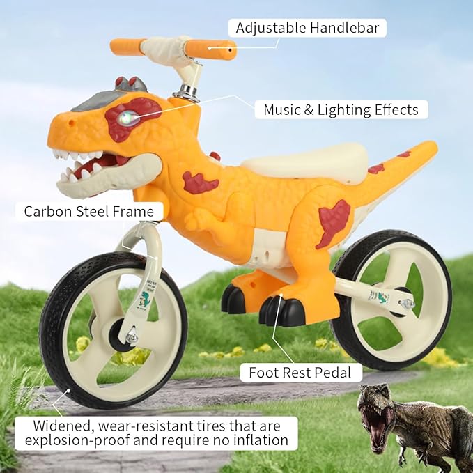 Dinosaur-Themed Toddler Balance Bike Toys for 2-7 Year Old Girls & Boys - Music & Lighting Effects, No-Pedal Training Bike, Best Gifts for Kids with Carbon Steel Frame & Adjustable Handlebar-CubbioJoy