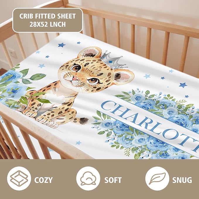 Custom Name Crib Bedding Set - Blue Floral Leopard Pattern, Personalized Nursery Bedding 3-Piece Set– Soft Blanket, Fitted Sheet, Changing Pad Cover – for Newborns Girls Nursery Gifts-CubbioJoy