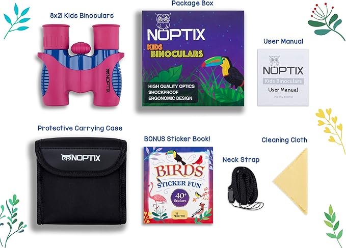 Binoculars for Kids, Girls or Boys Real Kids Binoculars in Vibrant Pink Blue - includes Sticker Book with 40 Bird Species - Kids Toys Small Binoculars, Toddler Binoculars-CubbioJoy